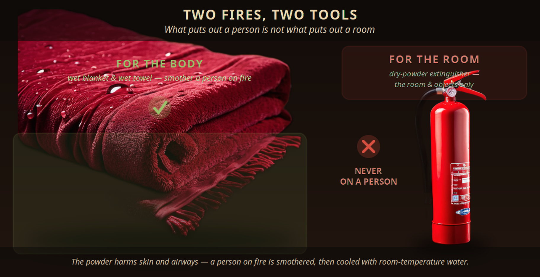 Two fires, two tools: a wet fire blanket and wet towel are for the body &mdash; they smother a person on fire (green check). A dry-powder extinguisher is for the room and objects only, never on a person (red cross).
